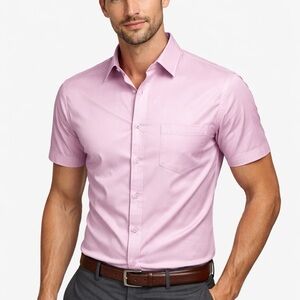 Men's Medium Pink Short Sleeve Button Down Casual Dress Shirt Pocket